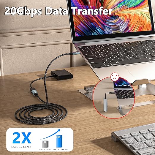 HOTUTUKI USB C Extension Cable 20FT, 20Gbps/100W USB3.2 Type C Extender Cord, 4K@60Hz Video Output Nylon Braided USB C Male to Female Extension Charging Cable Compatibility with Thunderbolt 4/3
