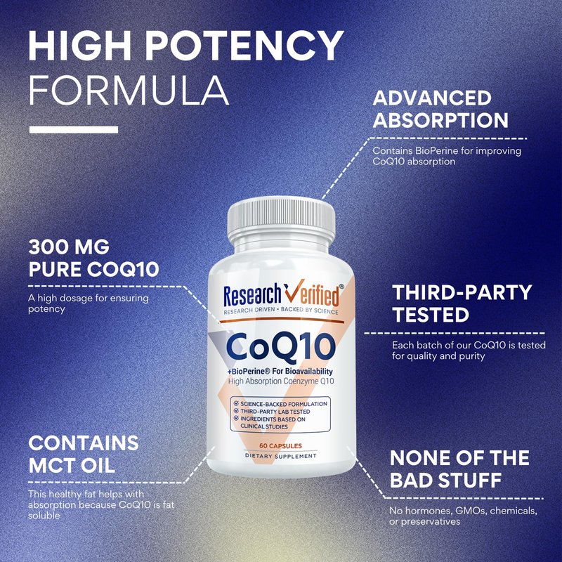 Research Verified CoQ10-100% Pure Extra Strength 300mg CoQ10 – Improved Absorption and Bioavailability with Bioperine - Boost Antioxidant Levels, Improve Cardiovascular Health, 60 Vegan Capsules