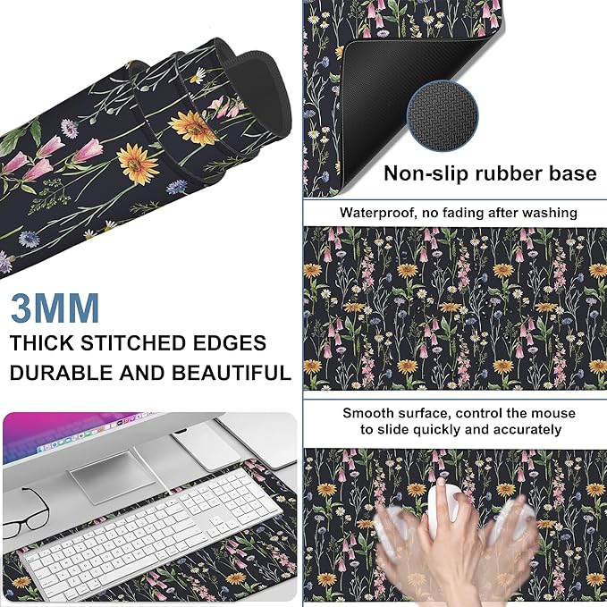 NITAHHHY Large Mouse Pad Field Flowers Gaming Desk Pad Computer Keyboard Non-Slip Waterproof Mouse Mat with Rubber Base and Stitched Edges Entertainment Office Writing Desk Mat 35.4 x 15.7 Inches