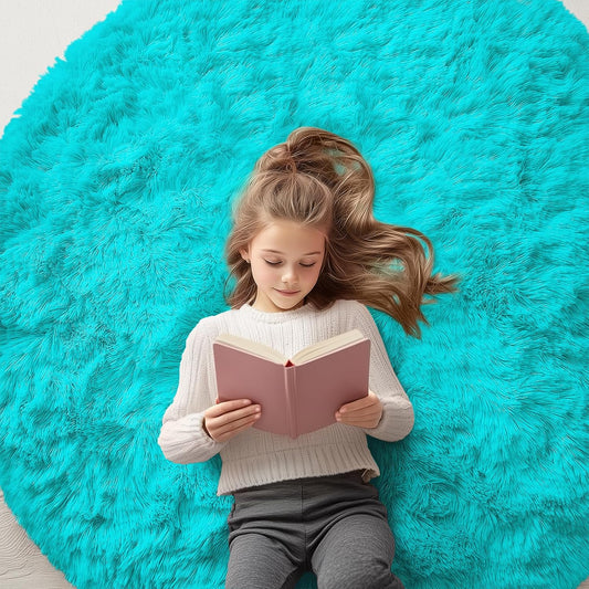 OLANLY Teal Blue Round Rug - Soft, Fluffy, Machine Washable 5 ft Area Rug for Bedroom & Living Room Decor