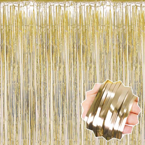 Light Gold Foil Fringe Curtains by [Brand Name] - 3 Pack Metallic Streamers for Photo Booths & Parties | 3.28 x 9.8 Ft