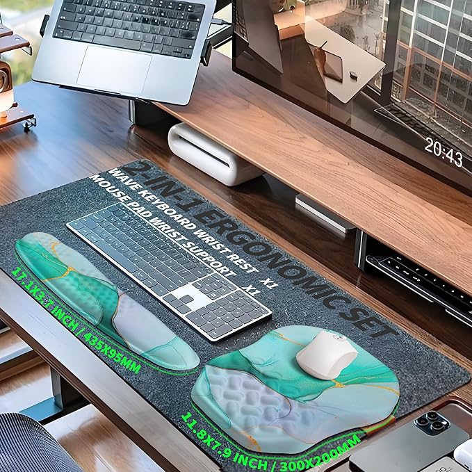 Gleamtide 2-in-1 Ergonomic Set, Wave Keyboard Wrist Rest and Massage Slope Mouse Pad Wrist Support, Rebound Memory Foam for Relieve Carpal Tunnel Syndrome and Wrist Pain (Green Gold Marble)