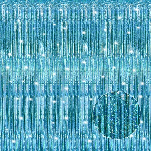 Crosize Laser Blue Foil Fringe Curtains - 3 Pack Tinsel Backdrop for Parties & Birthdays | 3.3 x 9.9 ft