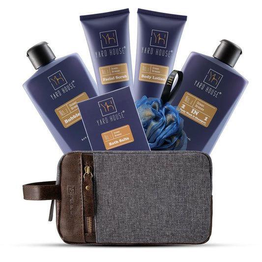 YARD HOUSE All Natural Bath and Body Spa Gift Basket Set for Men - Ocean Breeze - Luxury Men's Skin Care Kit For Him in Toiletry Bag for Relaxation, Revitalization, Exfoliating, Cleansing