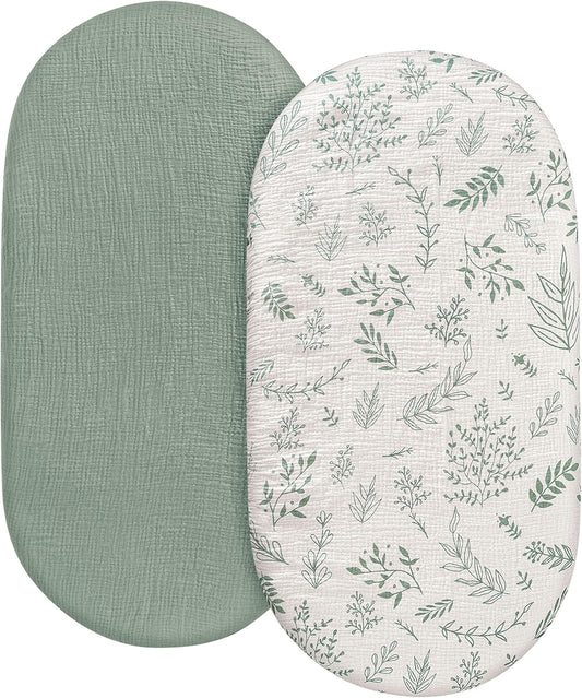 Skiennix Muslin Bassinet Fitted Sheets - Soft, Breathable Cotton | 2-Pack with 360° Snug Fit, Universal Design (Bright Leaves)