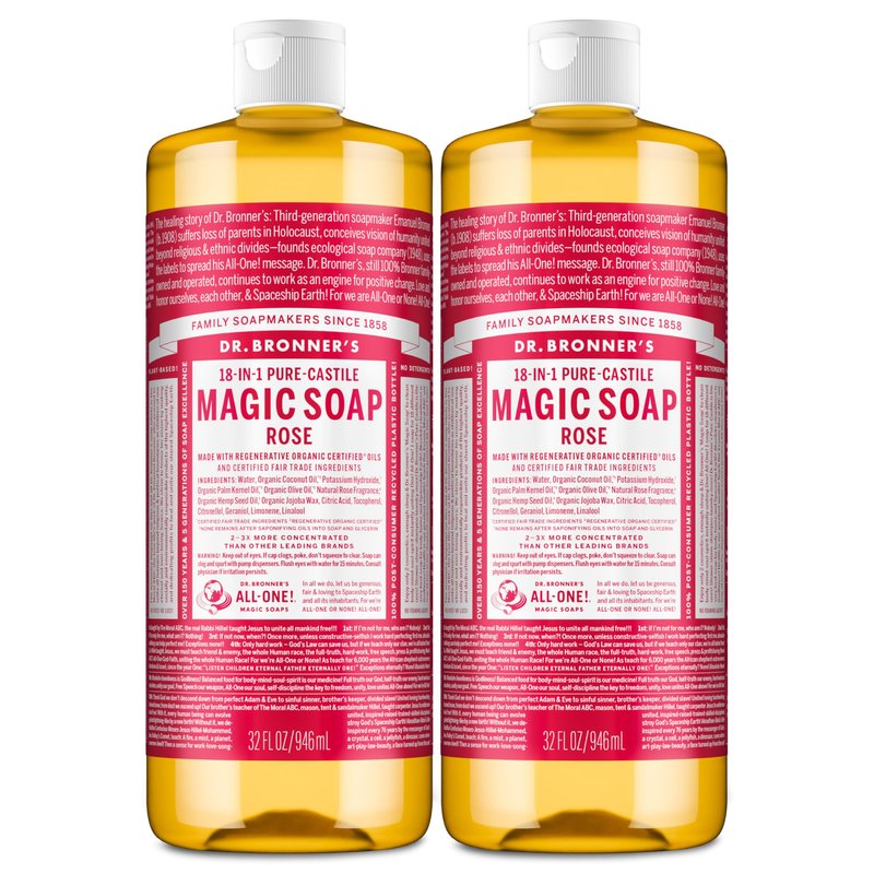 Dr. Bronner's Pure-Castile Magic Liquid Soap (Rose, 32 Ounce, 2-Pack)- Made with Regenerative Organic Certified Oils, 18-in1 Uses: Face, Hair, Hand & Body Soap, Laundry, Pets- Concentrated, Vegan