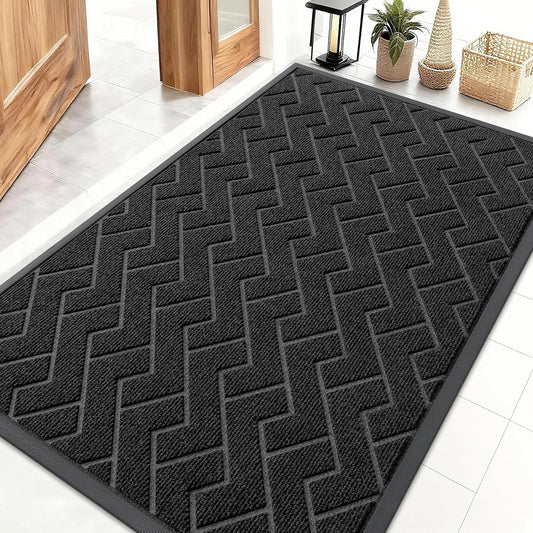 OLANLY Waterproof Front Door Mat - All-Season Indoor/Outdoor Herringbone Design | Easy Clean, Low Profile (Black, 47x32)