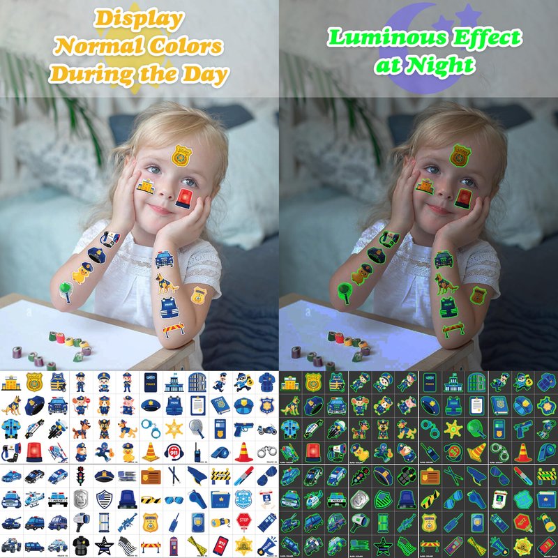 96 PCS Police Car Police Officer Policeman Pre-Cut Luminous Glow in the dark Temporary Tattoos for Kids | Super Cute Theme Birthday Party Favors Supplies Decorations, Fake Tattoos Gifts for Boys Girls