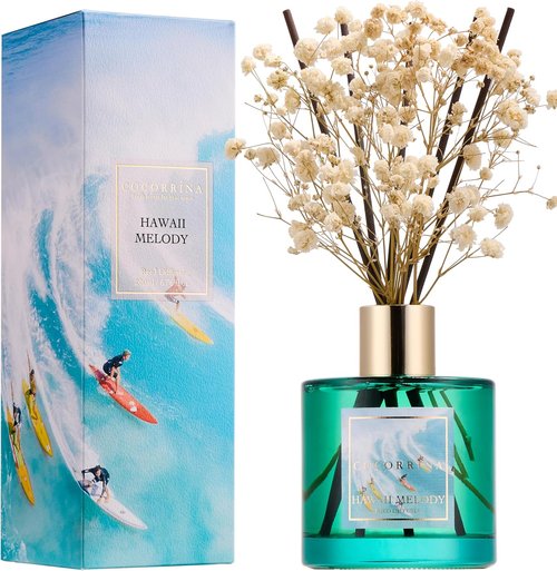 Cocorrína Reed Diffuser - Hawaii Melody 6.7 Fl. Oz Set with 8 Sticks & Preserved Baby's Breath for Home Decor