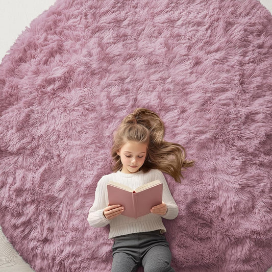 OLANLY Blush Round Area Rug - Soft, Fluffy 7 ft Circle Carpet for Bedroom, Living Room & Nursery Decor
