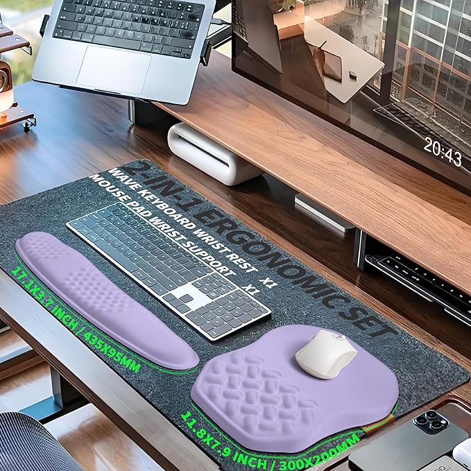 Gleamtide 2-in-1 Ergonomic Set, Wave Keyboard Wrist Rest and Massage Slope Mouse Pad Wrist Support, Rebound Memory Foam for Relieve Carpal Tunnel Syndrome and Wrist Pain (Lavender Purple)
