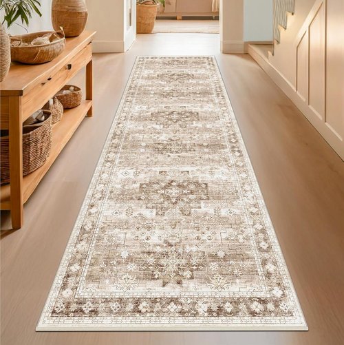 Hazo Haus Hallway Runner Rug - Washable, Non-Slip & Stain Resistant | 2'6"x8' Beige/Latte Boho Floral Decor