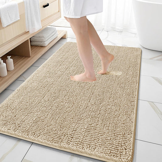 OLANLY Large Bathroom Rugs - Extra Soft Chenille Bath Mats | Quick Dry, Machine Washable, 59x35, Beige