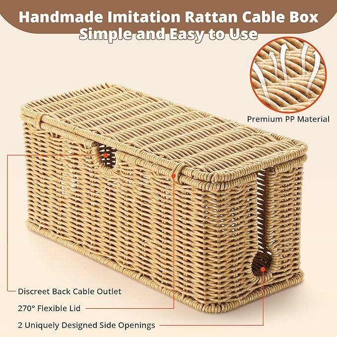 ZhiYo Rattan Cable Management Box, Brown Desk Cord Organizer, 2 Pack (M&L)