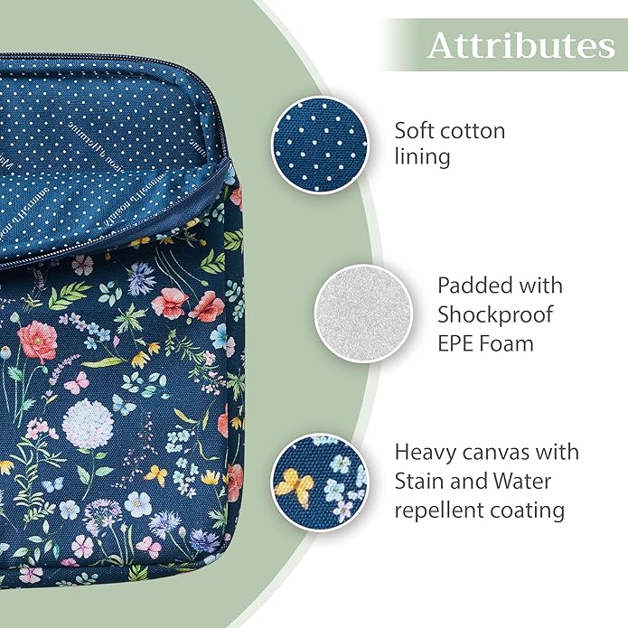 Maison d'Hermine Laptop Bag with Pocket Upto 13.5 inch Stain and Water Repellent Cotton Canvas Spring Summer (Just Floral - Blue)