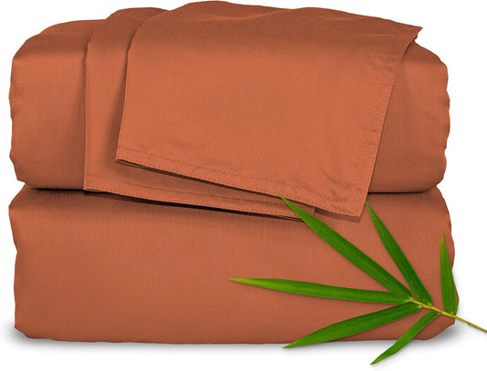 Pure Bamboo Split King Sheets - 100% Organic Viscose Bed Sheet Set, Soft & Cooling, 2 Fitted Sheets (Terracotta)