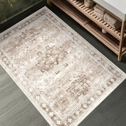 Boho Bathroom Rugs - Washable Non-Slip Soft Area Rug for Entryway & Kitchen | Modern Farmhouse Design (2x3 Beige/Latte)
