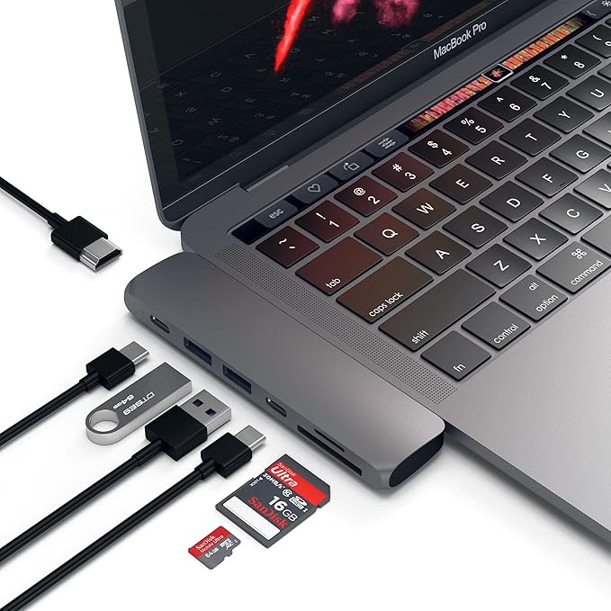 Satechi USB C Hub Adapter, USBC Dongle 7 in 1, USB-C with 4K HDMI, 87W PD Charging, USBC Data, 2 USB-A Data, Micro/SD Card Readers, for MacBook Air/Pro/Neo - Space Gray