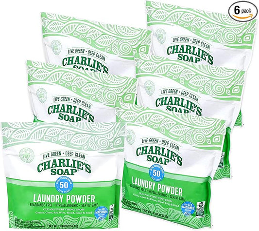 Charlie's Soap - Unscented Laundry Powder 50 Loads (Six 50-load Bags, 300 Total Loads)