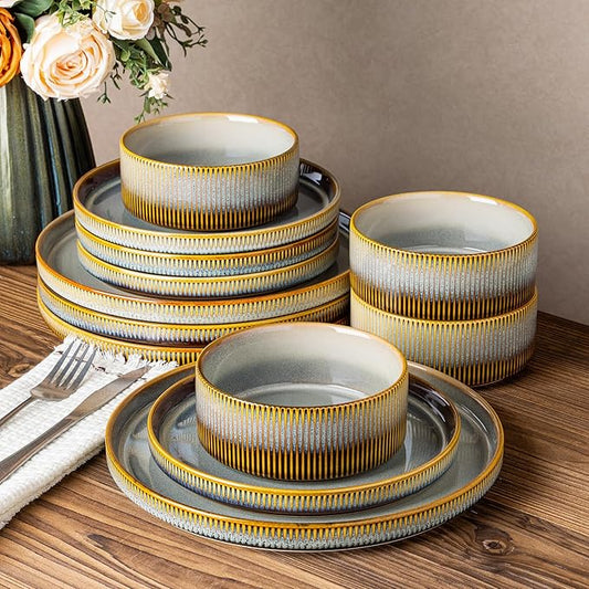 TheTerra Ceramic Dinnerware Sets for 4, 12 Pieces Porcelain Lightweight Plates and Bowls Sets, Scratch Resistant Dish Set, Oven & Microwave & Dishwasher Safe, Dusk Blue