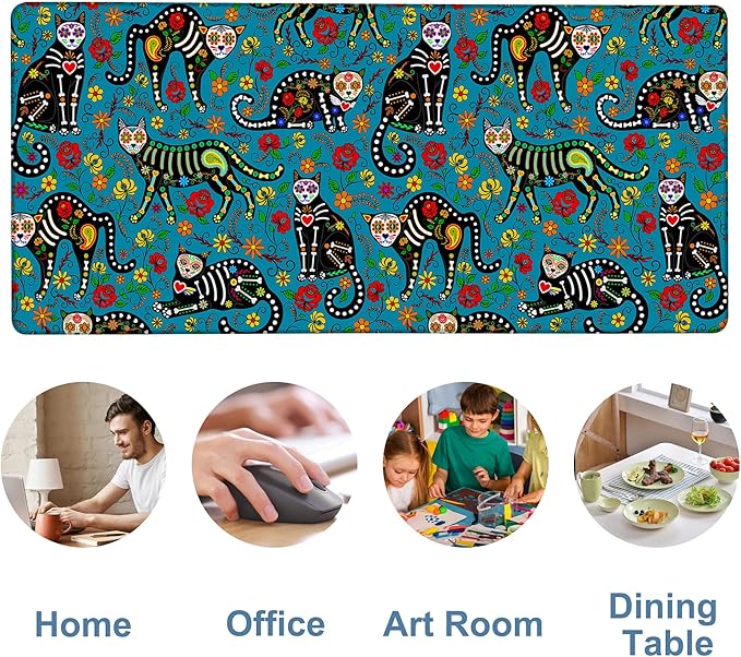 NITAHHHY Sugar Skull Black Cats Gaming Mouse Pad 3mm Thick Stitched Edge Waterproof Non-Slip Large Computer Keyboard Mouse Mat,Suitable for Office Entertainment Decorative Desk Pad 35.4 x 15.7 Inches