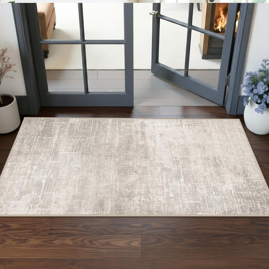 Skiennix Washable Kitchen Runner Rug - Abstract Design, Water Resistant, Non-Slip | 2x5 ft, Beige/Cream