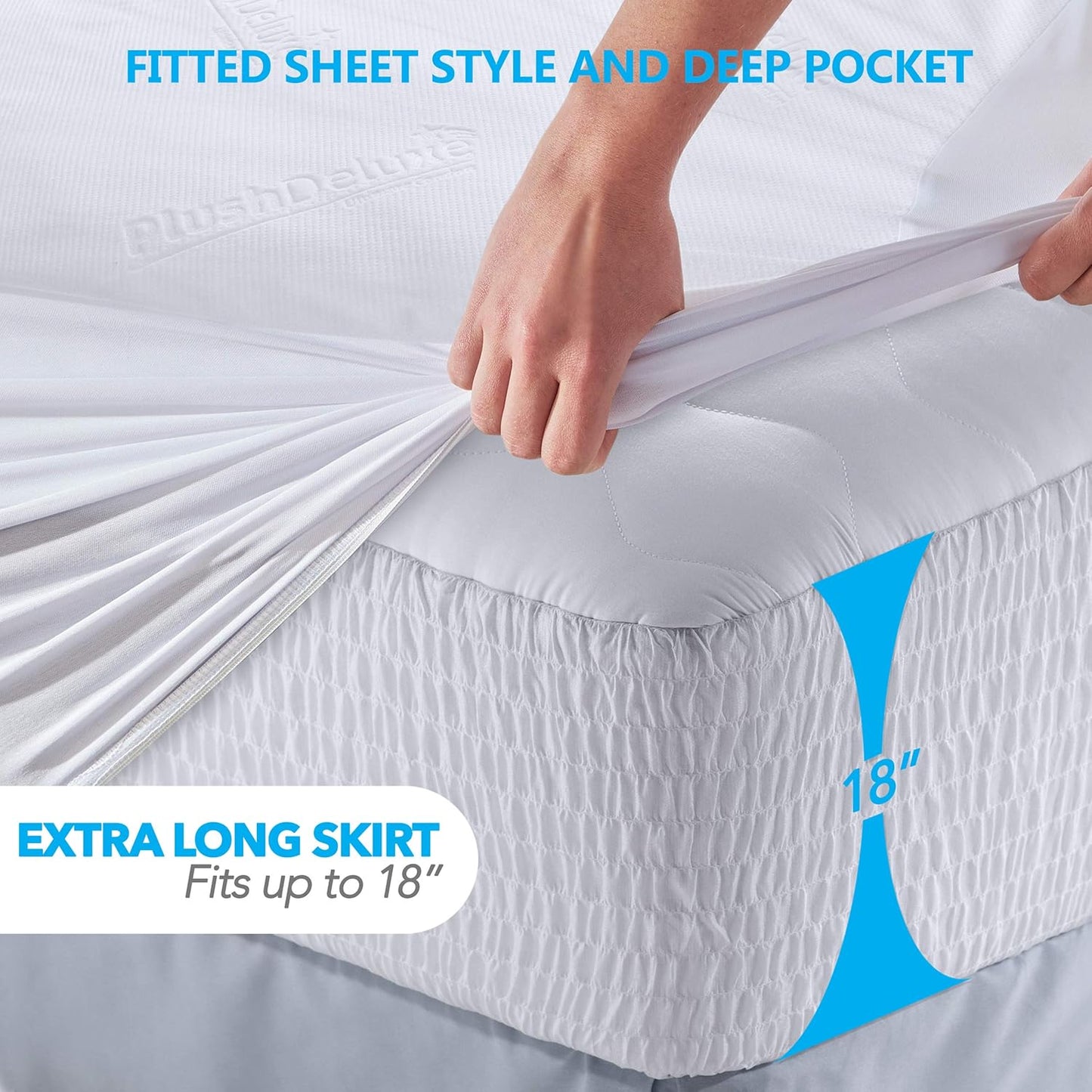 PlushDeluxe Bamboo Mattress Protector - Waterproof, Ultra Soft & Breathable Queen Size Cover - White