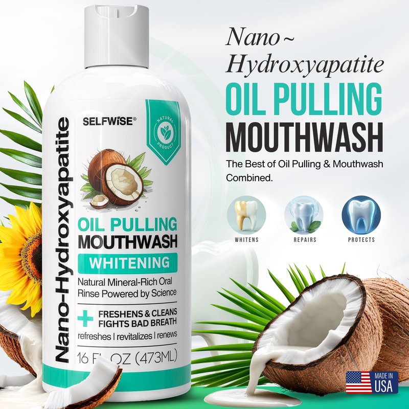Nano-Hydroxyapatite Oil Pulling Whitening Mouthwash for Teeth and Gums, Natural & Organic, Whitens Teeth, Strengthens Enamel, Fights Bad Breath & Plaque – Smooth & Non-Greasy – for Adults - 16oz