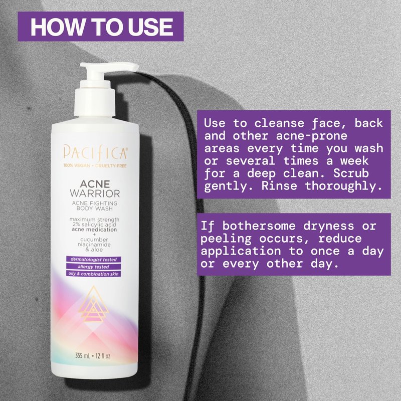 Pacifica Beauty Acne Warrior Acne Fighting Body Wash with Pump, Bath and Shower Gel, 2% Salicylic Acid, Cucumber, Niacinamide, Aloe, Acne Treatment, Blemishes, Vegan, 12 fl oz (1 Count)