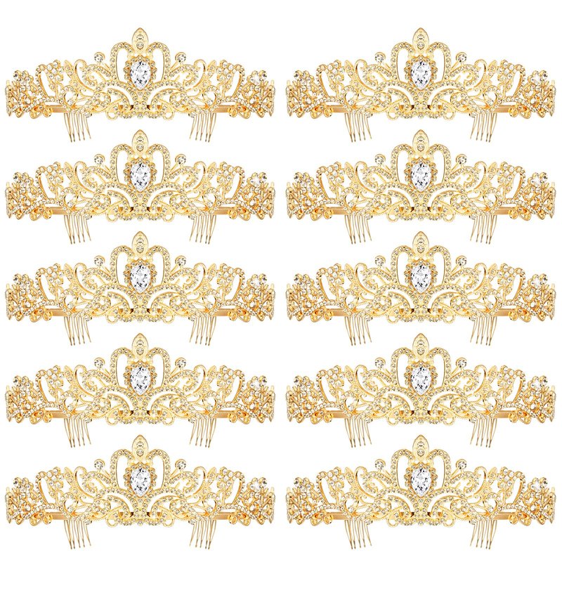 BBTO 10 Pcs Crystal Tiaras and Crowns for Women, Rhinestone Princess Crowns with Combs Birthday Queen Tiaras for Graduation Prom, Wedding, Bachelorette Party, Pageant Hair Accessories(Gold)