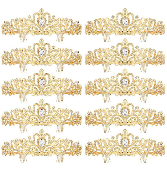 BBTO 10 Pcs Crystal Tiaras and Crowns for Women, Rhinestone Princess Crowns with Combs Birthday Queen Tiaras for Graduation Prom, Wedding, Bachelorette Party, Pageant Hair Accessories(Gold)
