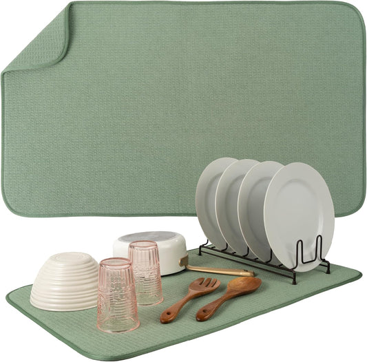 S&T INC. Jumbo Dish Drying Mat - Absorbent Microfiber Kitchen Counter Pad, 18” x 30”, Sage Green