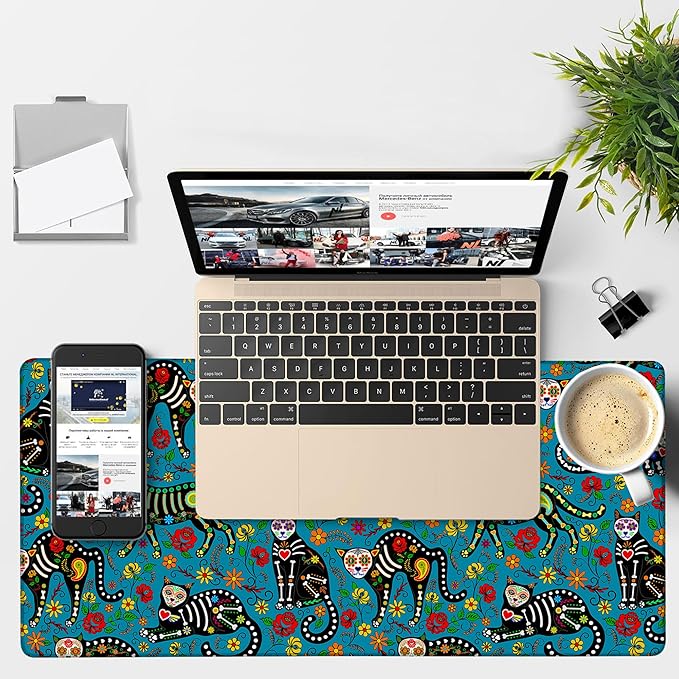 NITAHHHY Sugar Skull Black Cats Gaming Mouse Pad 3mm Thick Stitched Edge Waterproof Non-Slip Large Computer Keyboard Mouse Mat,Suitable for Office Entertainment Decorative Desk Pad 35.4 x 15.7 Inches