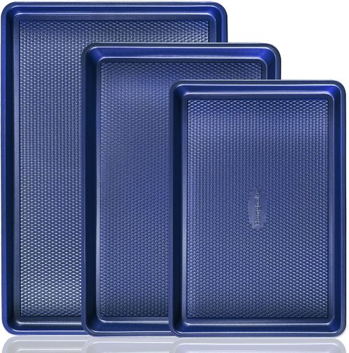 HONGBAKE Baking Sheet Pan Set - Nonstick Cookie Sheets with Diamond Texture | Heavy Duty Dark Blue