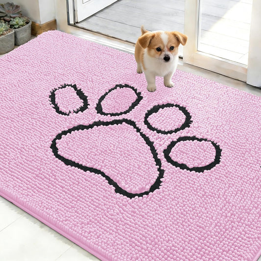 OLANLY Dog Door Mat - Absorbent Non-Slip Mud Mat for Muddy Paws | 48x30 Pink Chenille Design