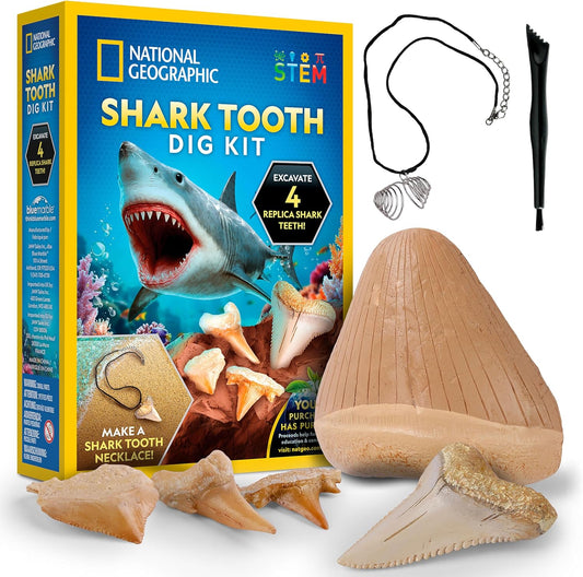 National Geographic Shark Tooth Dig Kit - Excavate Replica Shark Fossils | STEM Activity for Kids Ages 6-8