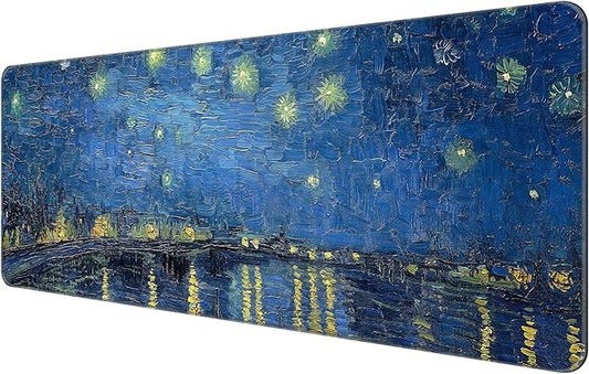 Dynippy Thin Extended Gaming Mouse Pad （31.5 * 11.8 * 0.08 inch） with Stitched Edges Large Mousepad Long XXL Keyboard and Mouse pad Desk Mat for Gaming Office & Home - Starry Night Over the Rhone