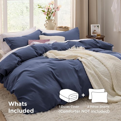 Bedsure Navy Blue Duvet Cover Set - Soft Prewashed Cotton-Like Polyester, King Size 3-Piece (104x90 Inches)