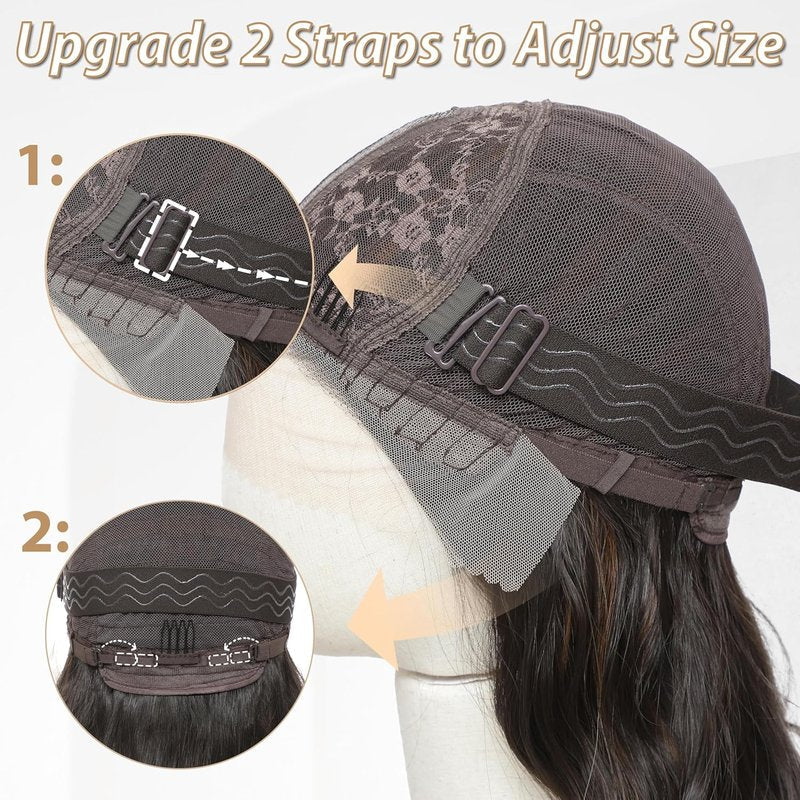 18-Inch Medium Length Wavy Synthetic Wig for Women - Brown Highlight Lace Front with Upgraded Elastic Straps | Perfect for Daily Wear & Halloween