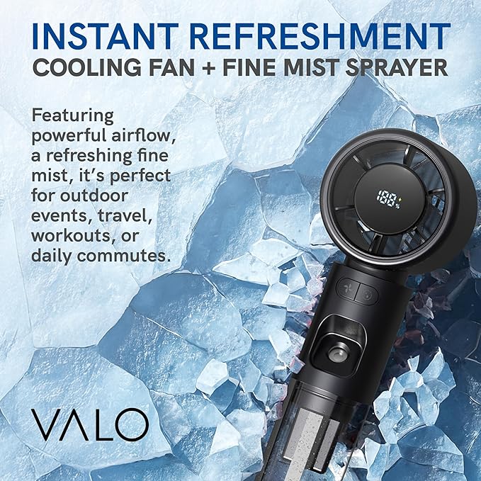 ValoInv Valo Portable Rechargeable Fan - Mini Cooling Fan for Travel, USB Desk Personal Fan with 100 Speeds, Water Cooling Technology, 50ml Tank, Quiet Operation, 2,000 mAh Battery, Midnight Black