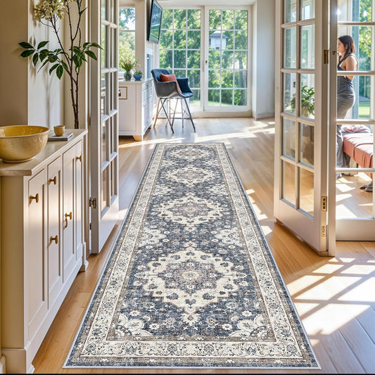Regine Switzerland Washable 3x12 Hallway Runner Rug - Floral Non-Slip Accent Mat in Blue