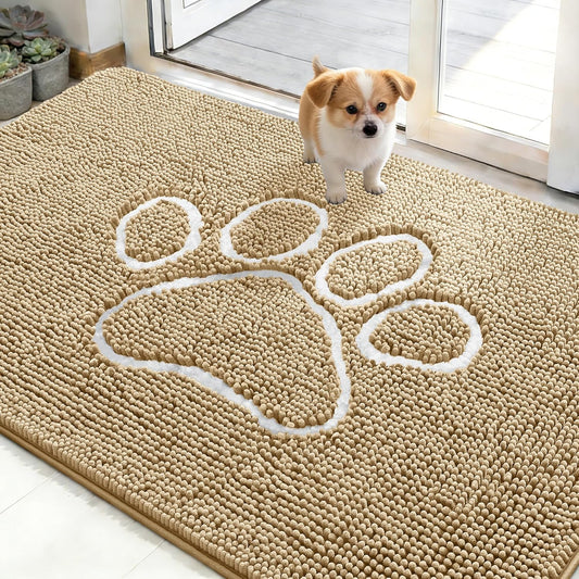 OLANLY Dog Door Mat - Absorbent Non-Slip Mud Mat for Muddy Paws | 48x30 Paw Print Design, Quick Dry Beige