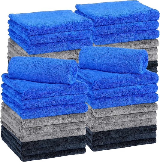 Shimeyao 30 Pcs 16 x 16 Inch Edgeless Microfiber Plush Towels for Cars Detailing Drying Wash Polishing Absorbent Cleaning Cloths, 500 GSM(16 x 16 Inch, Navy Blue, Gray, Black, 30 Pcs)