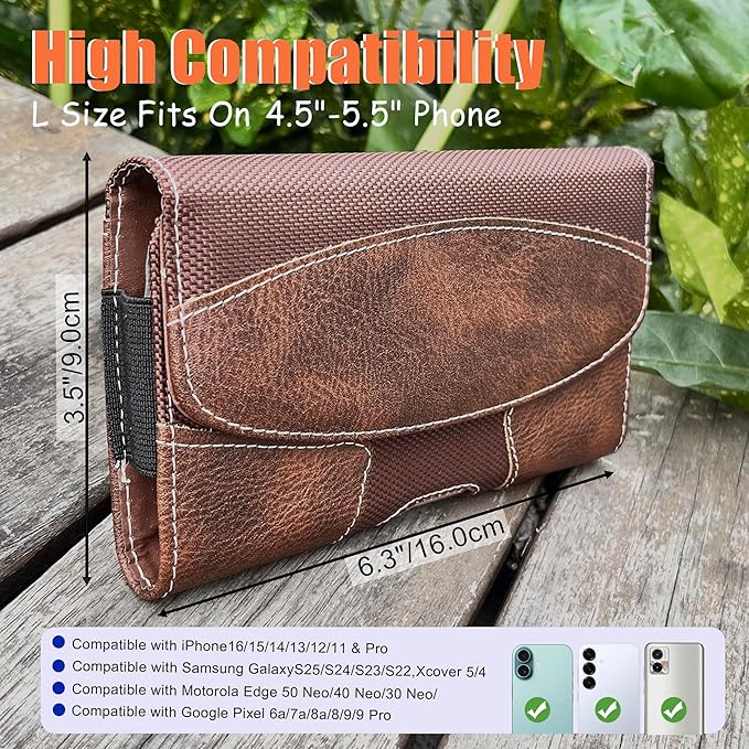 Maezar Leather Phone Holster for Men with Belt Clip, Cell Phone Holder for iPhone 17/16/15/14/13/12 Pro, Galaxy S24/S23/S21, Belt Pouch Case Magnetic Closure (Brown-L)