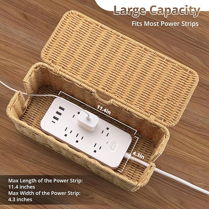 ZhiYo Rattan Cable Management Box, Brown Cord Organizer, 12.5" x 5" x 5.2"