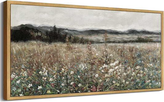 SHENIFY Vintage Landscape Wall Art - Meadow Flowers Retro Farmhouse Decor | 8x16in Natural Framed