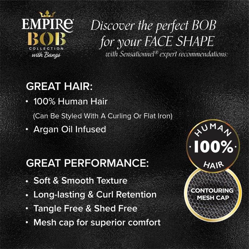 Sensationnel Empire Bob Humanhair Wig - Straight Cut Face Framing Mesh Cap for Comfort With Bangs (10 inch, 2 DARKBROWN)