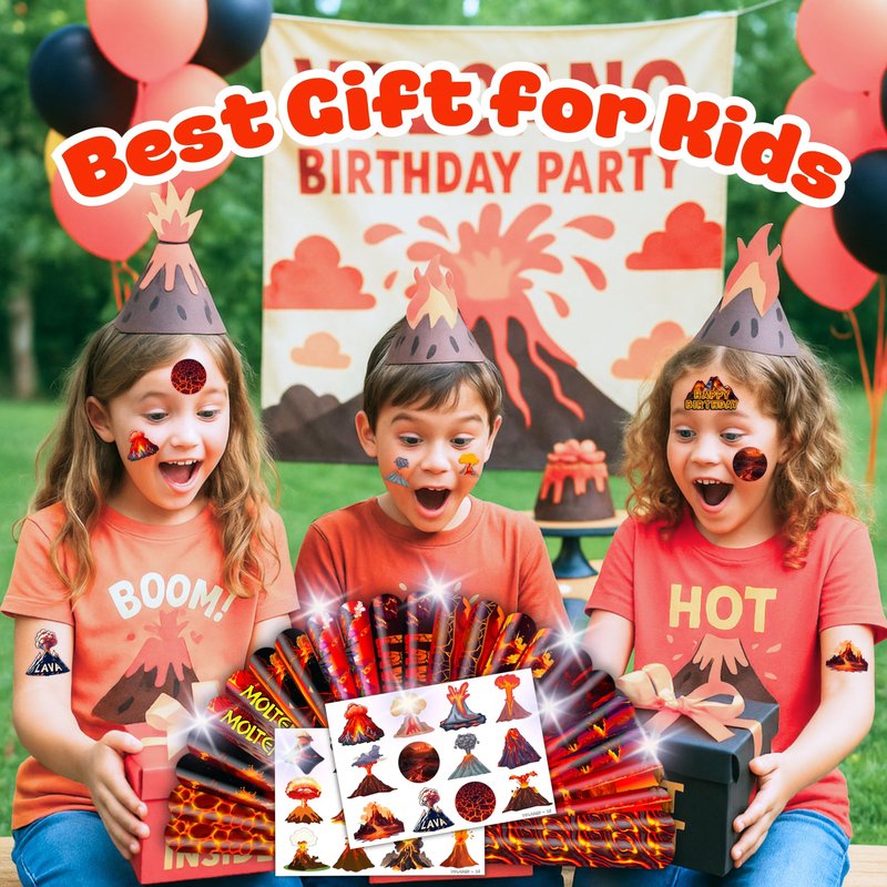Cherisnowy 48PCS Volcano Party Set - 24PCS Temporary Tattoos & 24PCS Slap Bracelets - Fun Birthday Supplies, Baby Shower Gifts, Classroom Rewards & Volcano-Themed Decor for Kids (Boys & Girls)
