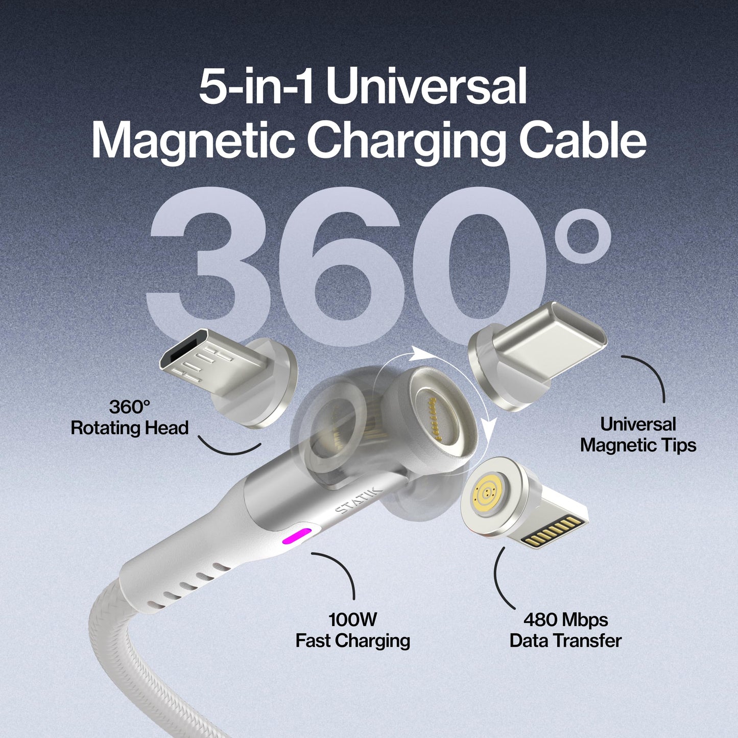 Statik 360 Pro Magnetic Charging Cable - Type C Charger Fast Charging 3 in 1 USB C to USB C Cable, Micro USB & iProduct Tips, USB A Adapter, Compatible w/All Devices - 100W Fast Charger, White 6FT/2M