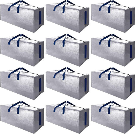 Sweet Dolphin Extra Large Moving Bags - Heavy Duty Storage Totes with Zippers & Handles | 12 Pack, Silver